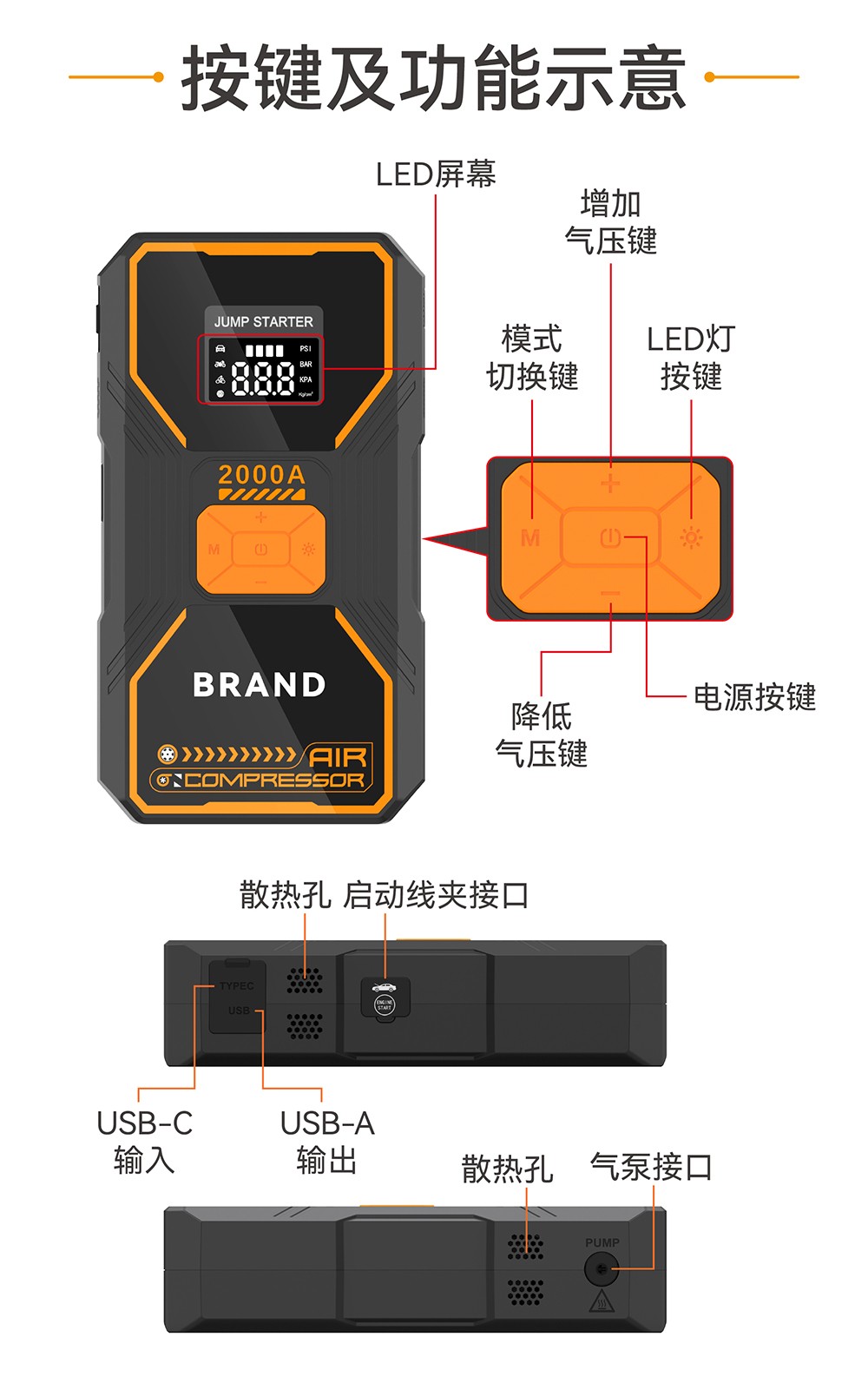 電將軍B31汽車應急啟動電源充氣泵一體機_03